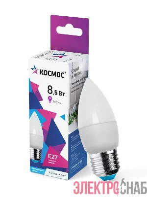 Лампа светодиодная 8.5Вт свеча 6500К холод. бел. E27 220В КОСМОС LkecLED8.5wCNE2765