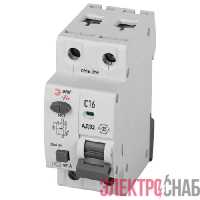 Выключатель автоматический дифференциального тока 1P+N C 16А 30мА тип А АВДТ 4.5кА PRO D32E2C16А30 АД32 электронное Эра Б0057381
