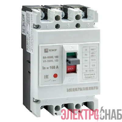 Выключатель автоматический 3п 100/160А 18кА ВА-99МL Basic EKF mccb99-100-160mi