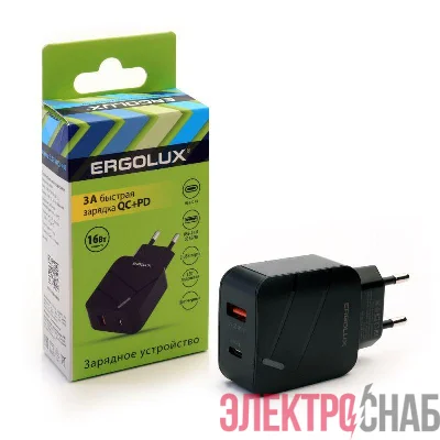 Адаптер сетевой ELX-РA01QC-C02 1USB+1Type C 100-220В 5-9В/3А QC коробка черн. ERGOLUX 15108