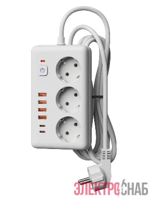 Удлинитель с сетевым фильтром 3х1.5м 10А 4USB + 2USBC 2500Вт ПВС 3х1 прямоуг. бел. КОСМОС FKsm1.5m-3gPF(W)USB