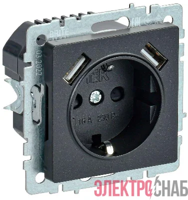 Розетка BRITE РЮш10-1-БрЧ 16А с USB A+A 2.1А с заземл. защ. шторки механизм черн. IEK BR-R14-16-U21-D21-K02