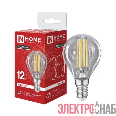 Лампа светодиодная LED-ШАР-deco 12Вт шар прозрачная 4000К E14 1350лм 230В IN HOME 4690612063348