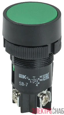 Кнопка SB-7 "Пуск" d22мм 1з+1р 0.6-10А 240В зел. IEK BBT40-SB7-K06