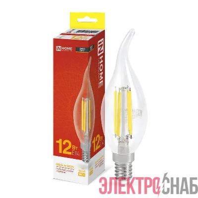 Лампа светодиодная филаментная LED-СВЕЧА НА ВЕТРУ-deco свеча на ветру прозрачная 12Вт 230В E14 3000К 1350лм IN HOME 4690612055992
