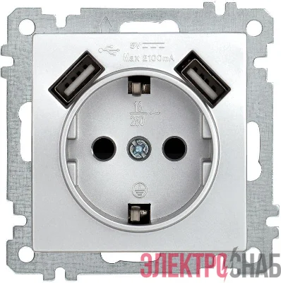 Механизм розетки 1-м СП Bolero Рюш10-1-Б 16А IP20 с заземл. защ. шторки с 2-мя заряд. устройствами USB 2.1А серебр. IEK ERB14-K23-16-U2