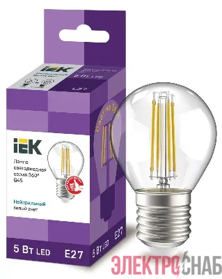 Лампа светодиодная филаментная 360° 5Вт G45 шар прозрачная 4000К нейтр. бел. E27 230В IEK LLF-G45-5-230-40-E27-CL