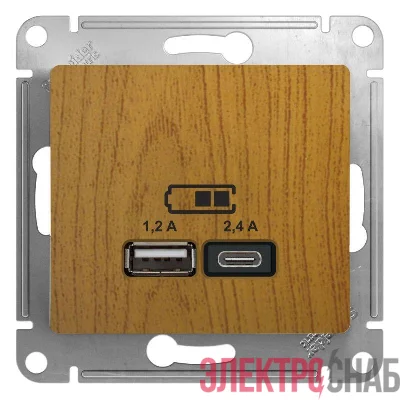 Розетка USB Glossa тип A+C 5В/2.4А 2х5В/1.2А механизм дерево дуб SE GSL000539