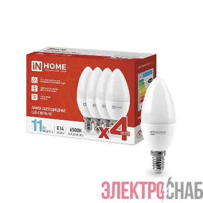Лампа светодиодная LED-СВЕЧА-VC 4PACK 11Вт 230В E14 6500К 1050лм (уп.4шт) IN HOME 4690612047805