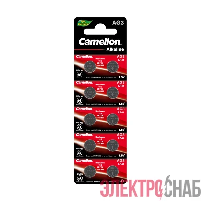 Элемент питания алкалиновый "таблетка" LR41/392A/192/G 3 Mercury Free AG3-BP0%Hg для часов BL-10 (блист.10шт) Camelion 12811