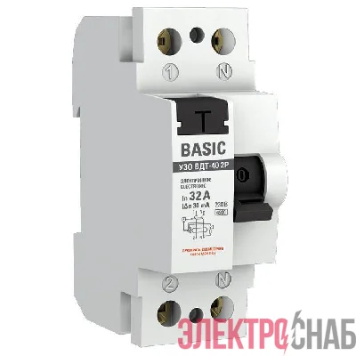 Выключатель дифференциального тока (УЗО) 2п 32А 30мА (электрон.) Basic EKF elcb-2-32-30e-sim