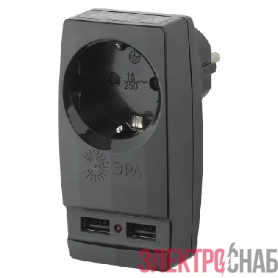 Адаптер 1-м с заземл. Polynom SP-1e-USB-B 220В 2хUSB 2100мА черн. Эра Б0026333