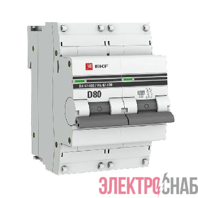 Выключатель автоматический модульный 2п D 80А 10кА ВА 47-100 PROxima EKF mcb47100-2-80D-pro