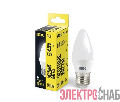 Лампа светодиодная 5Вт C35 свеча 4000К нейтр. бел. E27 450лм 230-240В IEK LLE-C35-5-230-40-E27