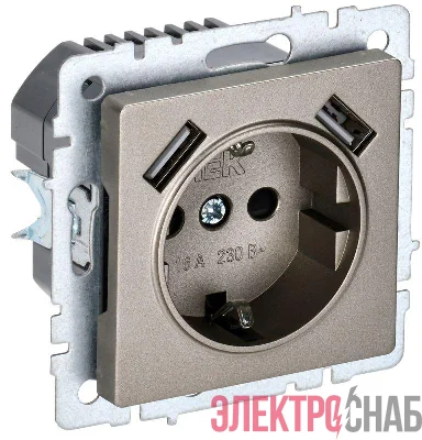 Розетка BRITE РЮш10-2-БрШ 16А с USB A+A 3.1А с заземл. защ. шторки механизм шампань IEK BR-R14-16-U21-D31-K37