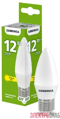 Лампа светодиодная C35 12Вт свеча 3000К E27 230В GENERICA LL-C35-12-230-30-E27-G