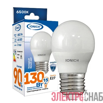 Лампа светодиодная G45 15Вт шар 6500К E27 1350лм 230В IONICH 1636