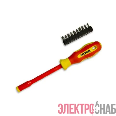 Отвертка-битодержатель диэлектрическая с набором бит 10+1 SHTOK 09340