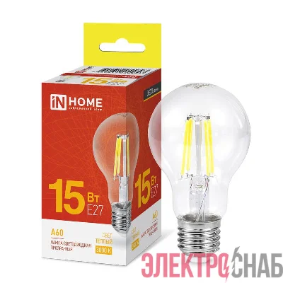 Лампа светодиодная филаментная LED-A60-deco грушевидная прозрачная 15Вт 230В E27 3000К 1480лм IN HOME 4690612055893