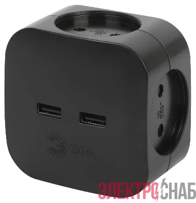 Разветвитель электрический SP-4-USB-B на 4 розетки 220В+ 2xUSB 2400мА без заземл 10А черн. Эра Б0049536