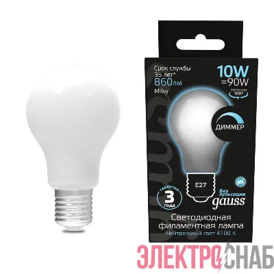 Лампа светодиодная филаментная Black Filament 10Вт A60 грушевидная матовая 4100К нейтр. бел. E27 860лм диммир. GAUSS 102202210-D