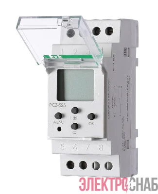 Реле времени PCZ-525 (1канал астрономическое 24-264В AC/DC 16А 1перекл. IP20 монтаж на DIN-рейке) F&F EA02.002.005