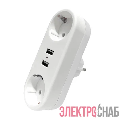 Разветвитель 2-м плоский с заземл.16А 2USB А+А 2.4А 3500Вт бел. DOMTOK 2732