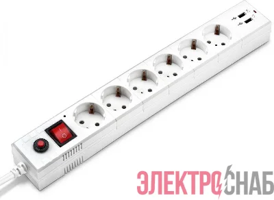Удлинитель с сетевым фильтром 6х1.8м с заземл. 10А IP20 BU-SP1.8_USB_2A-W 2.2кВт CCA бел. BURO 992309