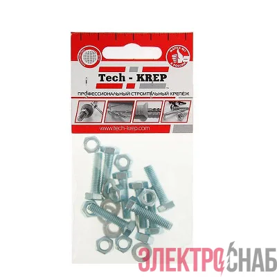 Болт DIN933 с шестигранной головкой М6х20+гайка+шайба оцинк. (уп.8шт) Tech-KREP 112717