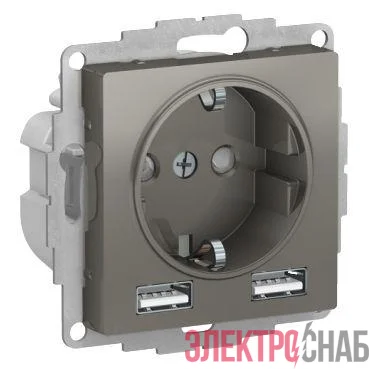 Розетка 1-м СП AtlasDesign 16А IP20 с 2-мя заряд. устройствами USB тип A+A 5В/2.4А 2х5В/1.2А механизм сталь SE ATN000930