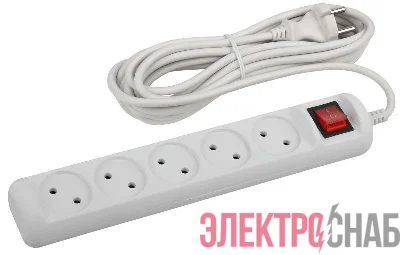 Удлинитель 5х5м без заземл. 10А IP20 U-5s-5m-2х1 ПВС 2х1 с выкл. Эра Б0044057