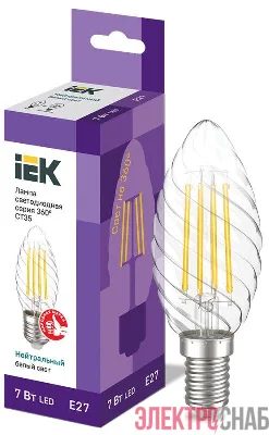 Лампа светодиодная филаментная 360° 7Вт CT35 свеча витая 4000К нейтр. бел. E27 230В IEK LLF-CT35-7-230-40-E27-CL
