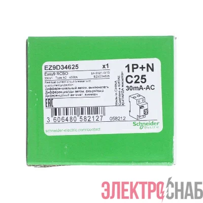 Выключатель автоматический дифференциального тока 2п (1P+N) C 25А 30мА тип AC 4.5кА EASY9 2мод. SchE EZ9D34625