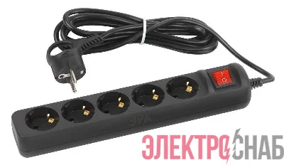 Удлинитель электрический UX-5es-1.5m-B с заземл. с выключателем 5 розеток 1.5м ПВС 3х0.75кв.мм черн. Эра Б0057730