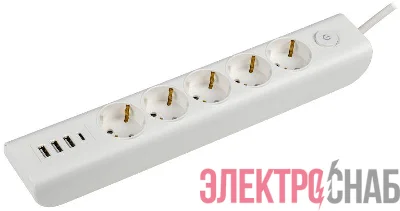 Удлинитель 5х2м с заземл. 16А 250В MODERN У05В с выкл. USBх4 (type-Aх3шт + type-Cх1шт) ПВС 3х1 бел. IEK WYP12-16-05-02-ZKU-K01