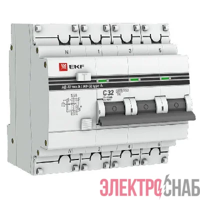 Выключатель автоматический дифференциального тока 4п (3P+N) 32А 30мА тип A АД-32 PROxima EKF DA32-32-30-4P-a-pro