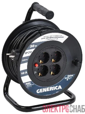 Удлинитель на катушке 4х30м 10А IP20 УК30 2P+PE 3х1 термозащита GENERICA WKP10-10-04-30-G