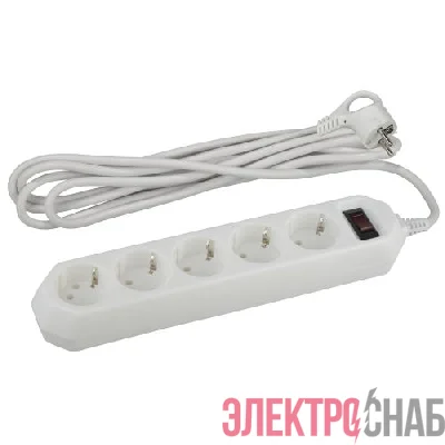 Удлинитель с сетевым фильтром 5х1.5м с заземл. 10А IP20 ПВС 3х0.75 с выкл. бел. Эра Б0019031