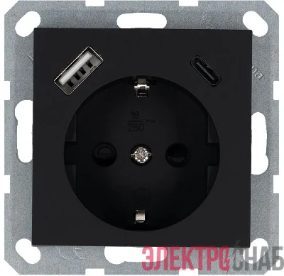 Розетка Shuko 16А с заземл. защ. шторки с 2-мя заряд. устройствами USB тип A+C 25Вт механизм черн. матов. soft touch Jasmart G5501USB-25PB