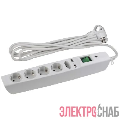 Удлинитель с сетевым фильтром 5х2м с заземл. 10А IP20 U-5es-2m-W 2хUSB ПВС 3х0.75 с выкл. защ. шторки бел. Эра C0043327