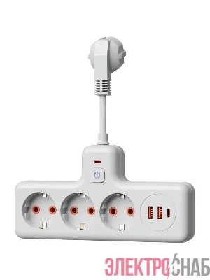Удлинитель с сетевым фильтром 3х0.3м 10А 2USB + 1USBC 2500Вт ПВС 3х1 компакт бел. КОСМОС FRKsm0.3m-3g(W)USB