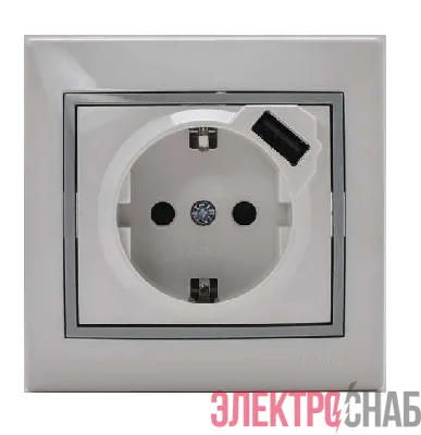 Розетка 1-м СП Мира 16А с з/к + USB разъем бел. с сер. вставкой LEZARD 701-0215-181