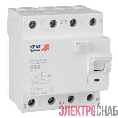Выключатель дифференциального тока (УЗО) 4п 40А 100мА тип AC 4.5кА OptiDin DM63-4340 УХЛ4 КЭАЗ 343898