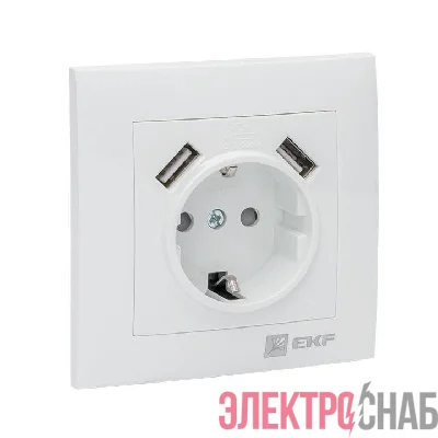 Розетка 1-м СП Валенсия 16А IP20 с заземл. защ. шторки с 2-мя заряд. устройствами USB 2.1А бел. PROxima EKF EWR16-028-10-2USB