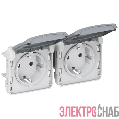 Механизм розетки 2-м СП Plexo горизонт. с защ. крышкой с заземл. IP55 сер. Leg 069576