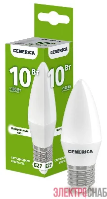 Лампа светодиодная C35 10Вт свеча 4000К E27 230В GENERICA LL-C35-10-230-40-E27-G
