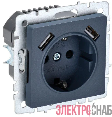 Розетка BRITE РЮш10-2-БрМ 16А с USB A+A 3.1А с заземл. защ. шторки механизм маренго IEK BR-R14-16-U21-D31-K35