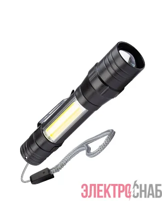 Фонарь аккумуляторный ручной LED 1Вт + COB 5Вт линза зум аккум. Li-ion 18650 1А.ч USB-шнур ABS-пластик КОСМОС KOS113Lit