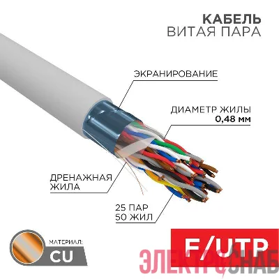 Кабель витая пара F/UTP кат.5e 25PR 24AWG solid ZH нг(А)-HF (LSZH) INDOOR сер. (м) РФ Rexant 01-1206-R
