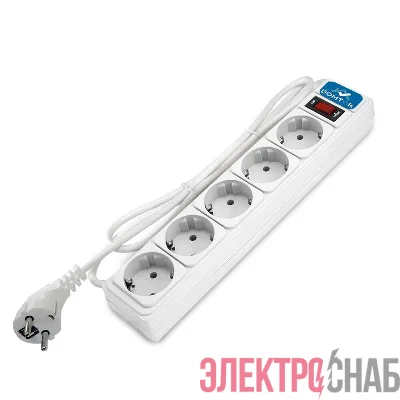Удлинитель с сетевым фильтром 5х1.8м с заземл 10А IP20 2.2кВт ПВС 3х1 с выкл. бел. DOMTOK 2527